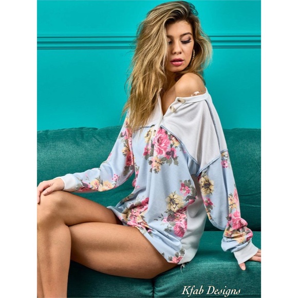 ❤️LAST ONE! Floral Contrast Print French Terry Super Soft Henley - Picture 7 of 13